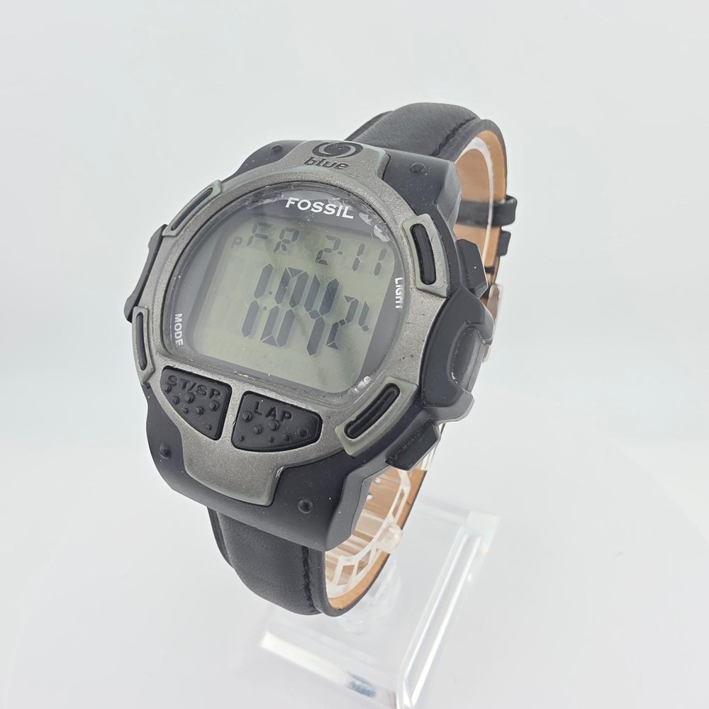 Vintage FOSSIL Blue Mens Watch Digital DQ-1039 Resin Black Leather Band 8.25"